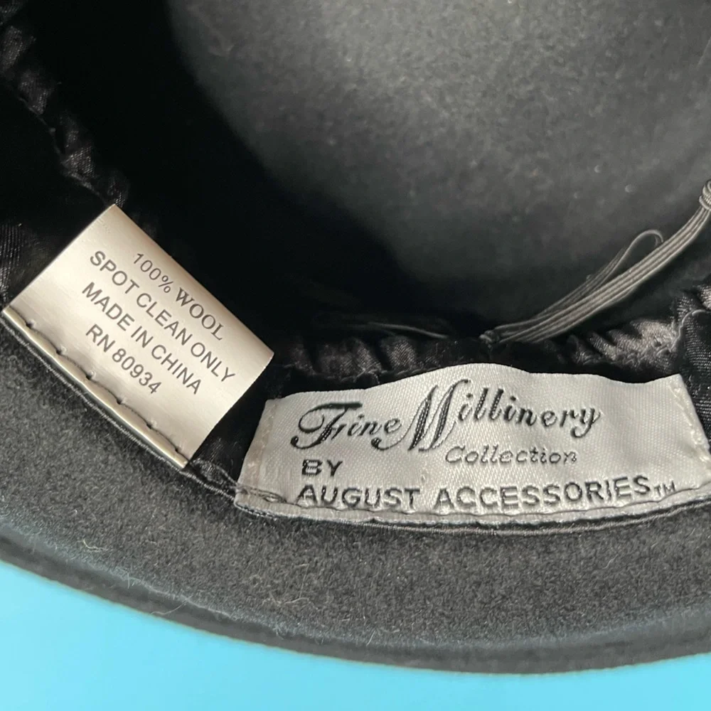 Fine Millinery by August Accessories Black Wool Hat Velvet and Feather W/Leaves - Picture 3 of 4